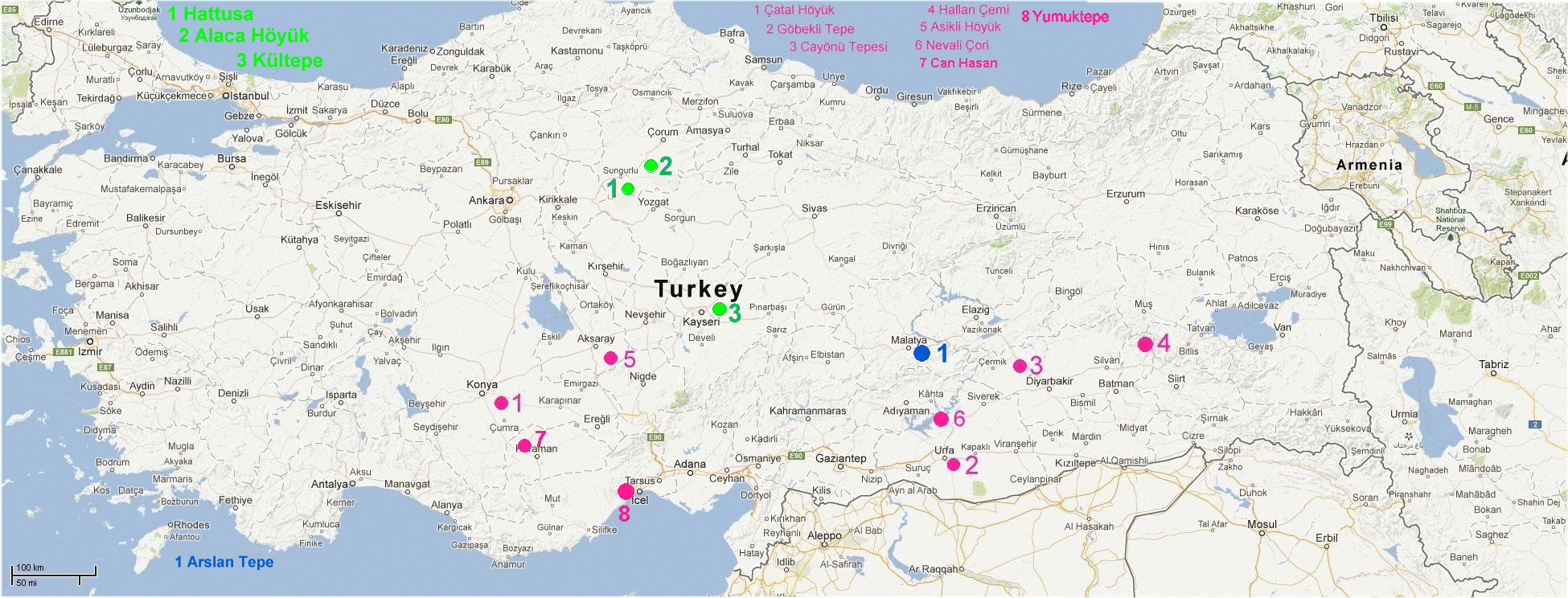 Map of early settlements in Turkey