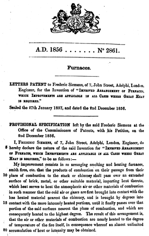 Regenrative furnace patent 
of Friedrich Siemens