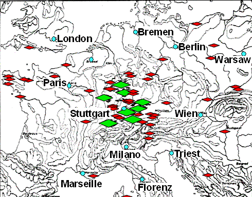 Map of Celtic double pyramid iron (Spitzbarren) 
finds