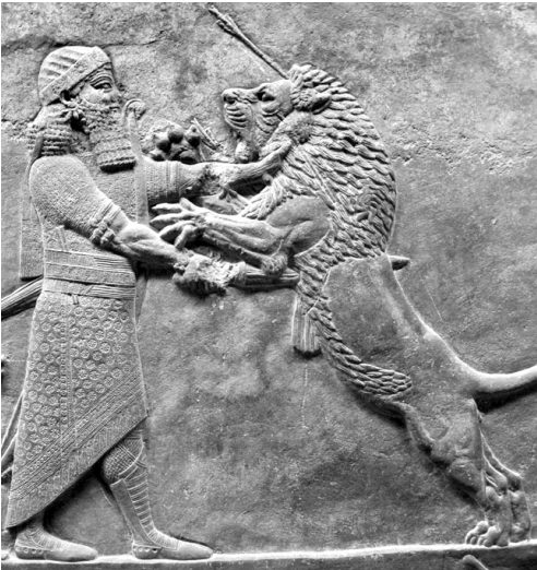 Assyrian lion hunt with sword