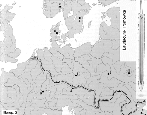 Lauriacum-Hromwka swords; map of finds