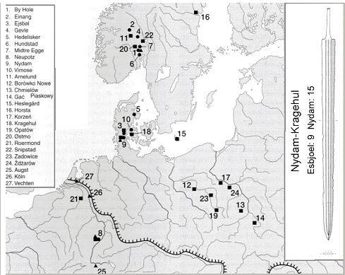 Nydam-Kragehul swords; map of finds