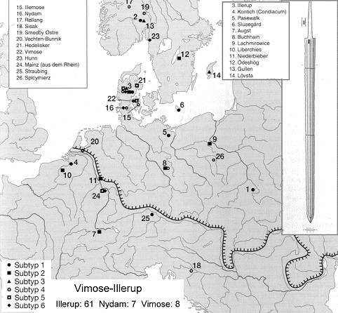 Vimose-Illerup swords; map of finds