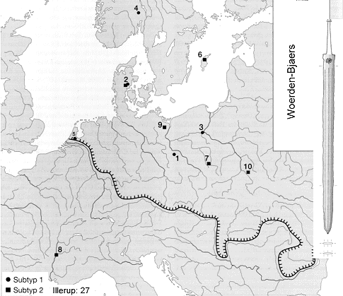 Woerden-Bjaers swords; map of finds