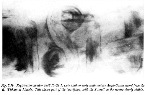 X-ray image of pattern welded sword with inscription